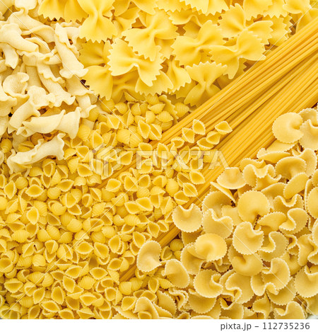 Background of different pasta types. The view from the top. Concept of culinary, food backgrounds. Background of different pasta types. The view from the top. Concept of culinary, food backgrounds. 112735236