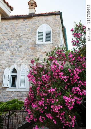 A charming stone house with white window shutters is surrounded by vibrant pink flowers, blending architecture and nature harmoniously. A charming stone house with white window shutters is surrounded by vibrant pink flowers, blending architecture and nature harmoniously. 112735443