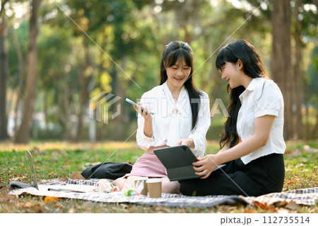 Two smiling female coworkers using digital tablet on grass in the city park 112735514