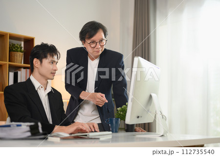 Confident middle age businessman explaining data on computer monitor to younger colleague 112735540