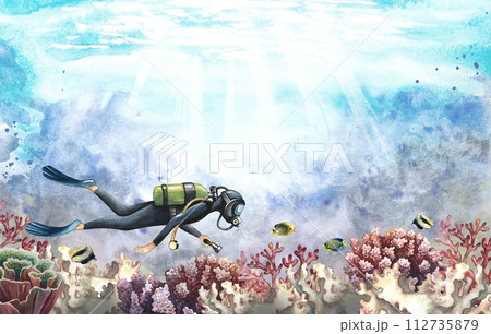 A banner with a diver floating underwater. A curb with an underwater journey with a background. Hand-drawn watercolor painting. For business card and banner, flyer and brochure, postcard and packaging A banner with a diver floating underwater. A curb with an underwater journey with a background. Hand-drawn watercolor painting. For business card and banner, flyer and brochure, postcard and packaging 112735879