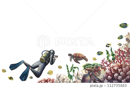 A border frame with a diver floating underwater. Underwater travel. Hand-drawn watercolor painting. The concept of labels, business cards and banners, flyers and brochures, postcards and packaging. A border frame with a diver floating underwater. Underwater travel. Hand-drawn watercolor painting. The concept of labels, business cards and banners, flyers and brochures, postcards and packaging. 112735883