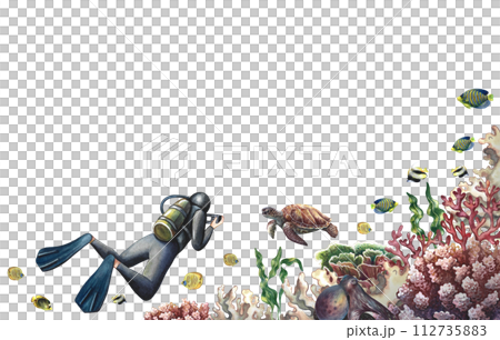 A border frame with a diver floating underwater. Underwater travel. Hand-drawn watercolor painting. The concept of labels, business cards and banners, flyers and brochures, postcards and packaging. A border frame with a diver floating underwater. Underwater travel. Hand-drawn watercolor painting. The concept of labels, business cards and banners, flyers and brochures, postcards and packaging. 112735883