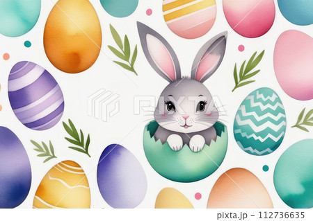 Watercolor hand drawn with sweet hand drawn bunnies, eggs and botanical elements seamless pattern. 112736635