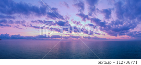 Seascape in the evening. Sunset over the sea with beautiful sky. Horizontal pano 112736771