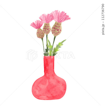 Composition of thistles in a pink vase.Watercolor illustration.Bouquet of wildflowers with leaves.Hand drawing.Simple stylized style. Spring botanical bouquet for Easter, mother's day, cards.Vector. 112736790