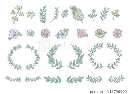 色んな葉っぱと花のイラストセット　手描き線画 112736900