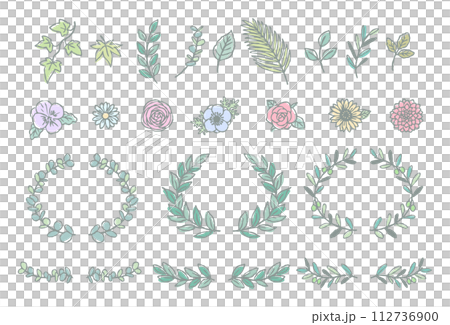 色んな葉っぱと花のイラストセット　手描き線画 112736900