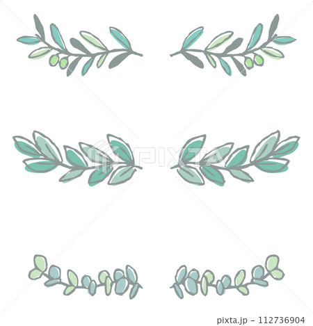 葉っぱの罫線イラストセット　（オリーブ・月桂樹・ユーカリ）　手描き線画 112736904