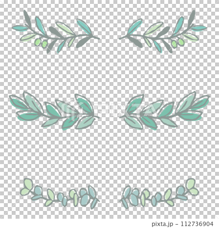 葉っぱの罫線イラストセット　（オリーブ・月桂樹・ユーカリ）　手描き線画 112736904