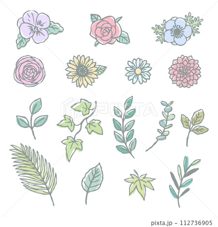 色んな葉っぱと花のアイコンイラストセット　手描き線画 112736905