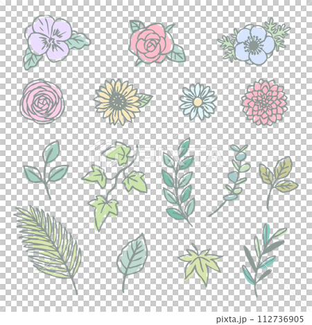 Various leaves and flowers icon illustration set hand-drawn line drawing 112736905