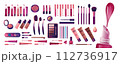 Cosmetics and fashion set with make up artist objects: lipstick, cream, brush. Realisic Vector Illustration. 112736917