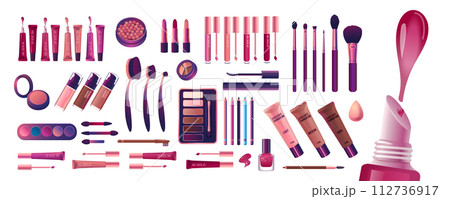 Cosmetics and fashion set with make up artist objects: lipstick, cream, brush. Realisic Vector Illustration. 112736917