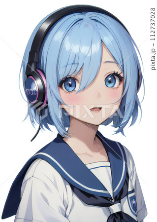 ヘッドフォンで音楽を楽しむ女子高生のイラスト 112737028