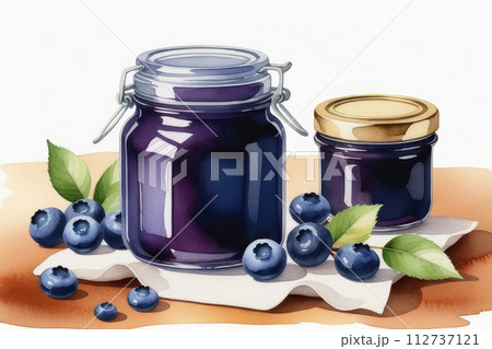 Glass jar of blueberry jam or marmalade and fresh berries blueberry on white background. 112737121