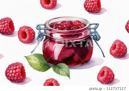 Raspberries jam or marmalade and fresh berries raspberries on white background. 112737127