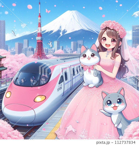 桜と電車と猫とお花見する女性のイラスト素材 [112737834] - PIXTA