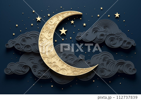 Moon and stars in midnight. paper cut and craft. By generative Ai 112737839