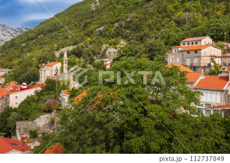 Houses of Perast, Montenegro, high angle view Houses of Perast, Montenegro, high angle view 112737849