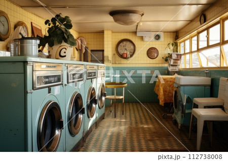View inside a laundromat room with vintage decor and washing machines. View inside a laundromat room with vintage decor and washing machines. 112738008