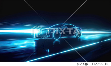 Blue neon glowing in the dark electric car on high speed running concept. Blue neon glowing in the dark electric car on high speed running concept. 112738010