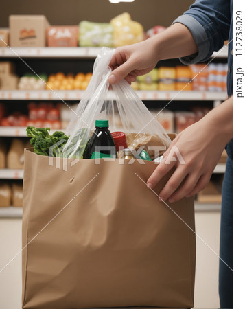 Hands holding reusable bag 112738029