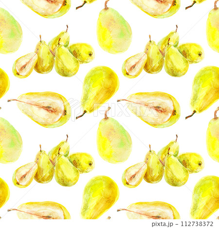 Pattern of fresh ripe yellow honey pear fruits. Hand drawn watercolor illustration. Delicious aromatic fruit ripened on a tree 112738372