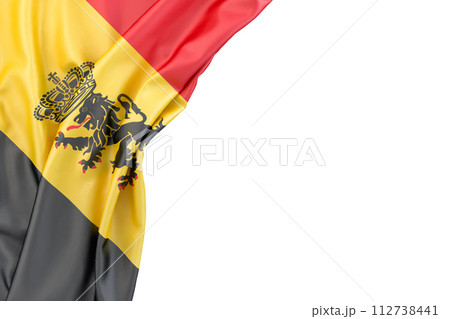 Flag of Belgium with coat of arms in the corner on white background. Isolated. 3D Rendering 112738441