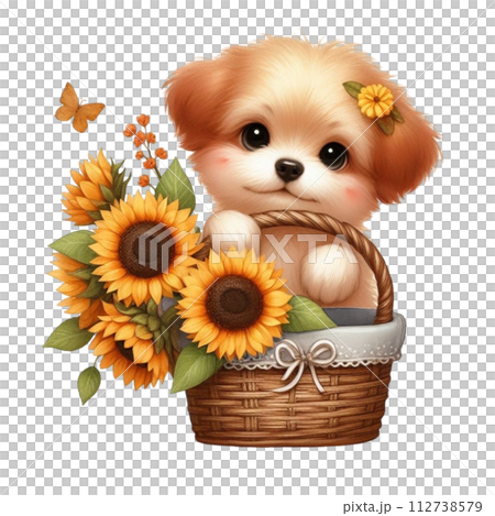 Dog cute with monthly flower clipart watercolor  112738579