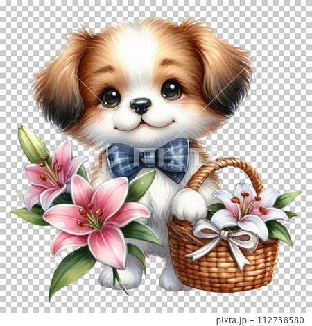 Dog cute with monthly flower clipart watercolor  112738580