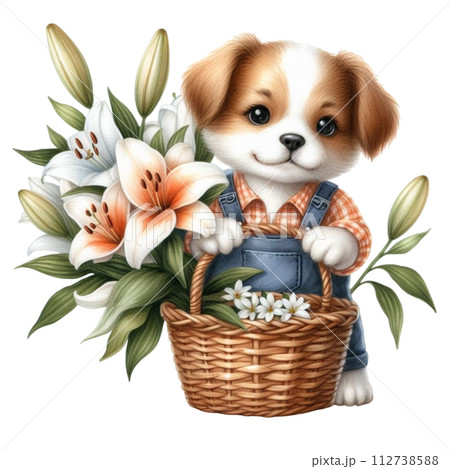 Dog cute with monthly flower clipart watercolor  112738588