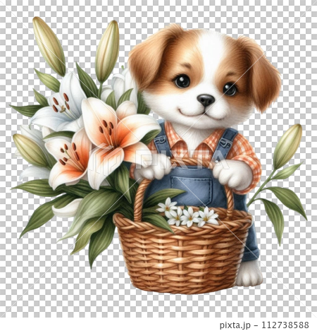 Dog cute with monthly flower clipart watercolor  112738588