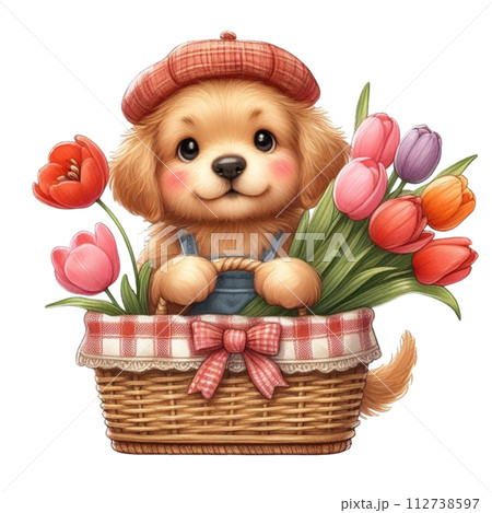 Dog cute with monthly flower clipart watercolor  112738597