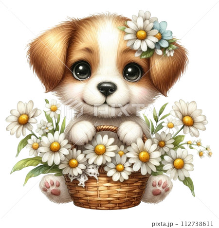 Dog cute with monthly flower clipart watercolor  112738611