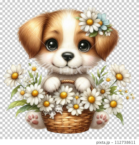 Dog cute with monthly flower clipart watercolor  112738611