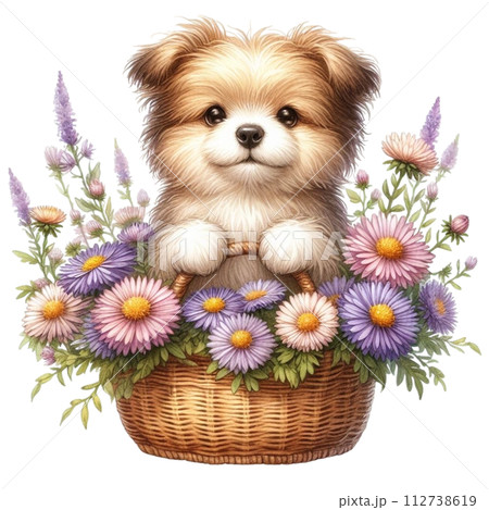 Dog cute with monthly flower clipart watercolor  112738619