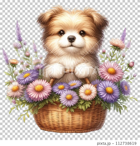 Dog cute with monthly flower clipart watercolor  112738619
