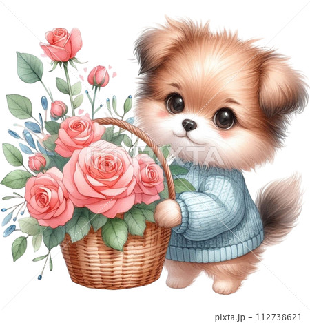 Dog cute with monthly flower clipart watercolor  112738621