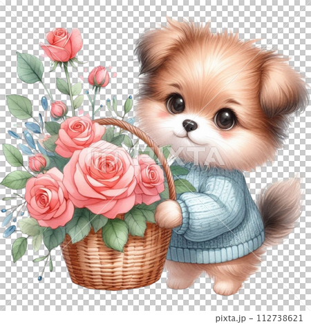 Dog cute with monthly flower clipart watercolor Dog cute with monthly flower clipart watercolor 112738621