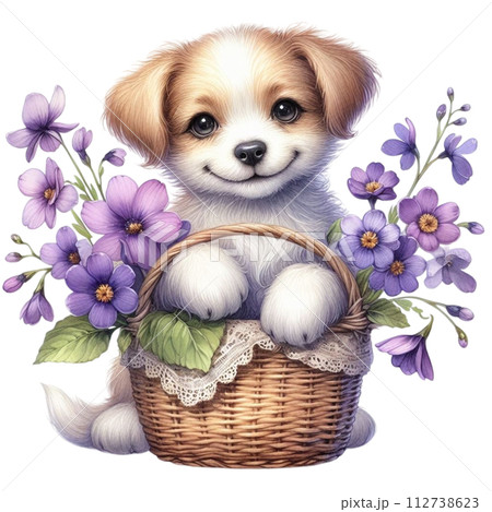 Dog cute with monthly flower clipart watercolor  112738623
