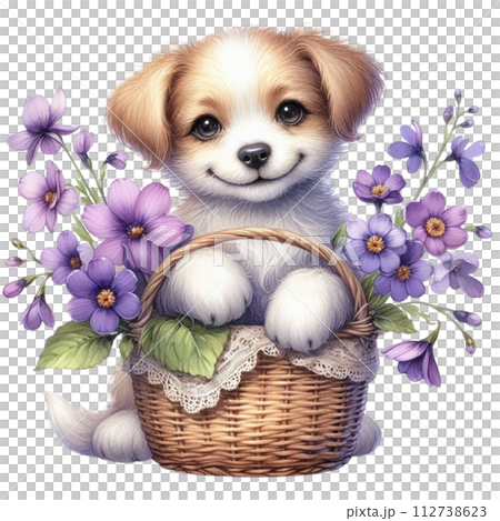 Dog cute with monthly flower clipart watercolor  112738623