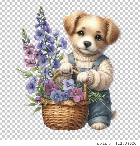 Dog cute with monthly flower clipart watercolor  112738626
