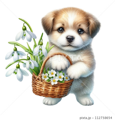 Dog cute with monthly flower clipart watercolor  112738654