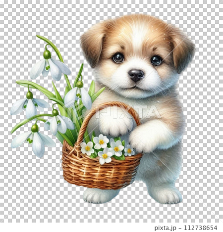 Dog cute with monthly flower clipart watercolor  112738654