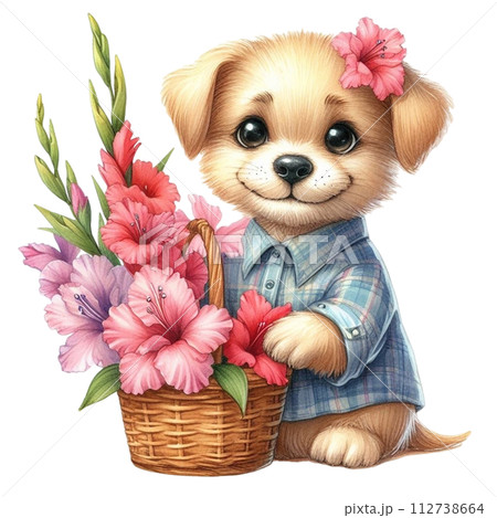 Dog cute with monthly flower clipart watercolor  112738664