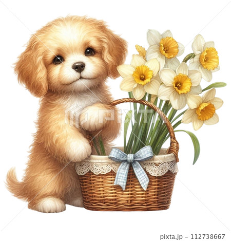 Dog cute with monthly flower clipart watercolor  112738667