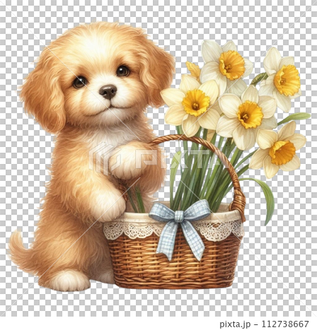 Dog cute with monthly flower clipart watercolor  112738667