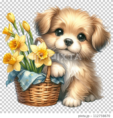 Dog cute with monthly flower clipart watercolor  112738670