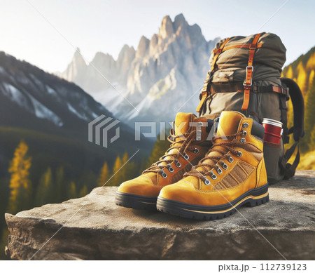 Yellow and brown travel boots together with a tourist backpack against the background of a mountain peak and the sky Yellow and brown travel boots together with a tourist backpack against the background of a mountain peak and the sky 112739123